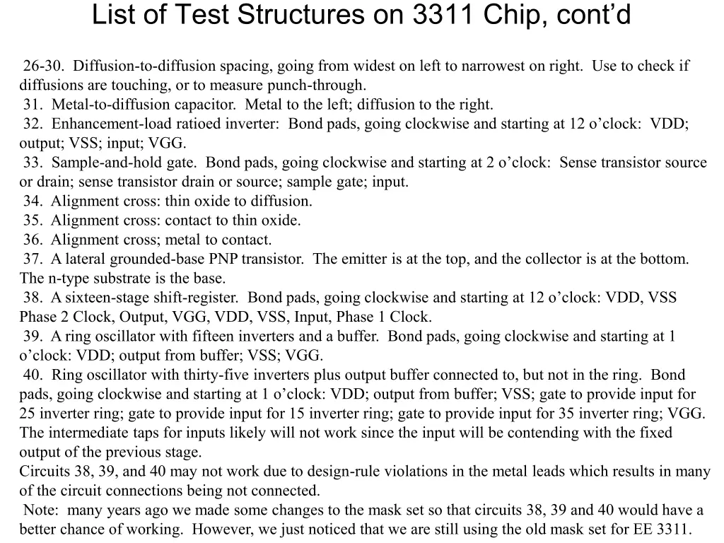 list of test structures on 3311 chip cont d