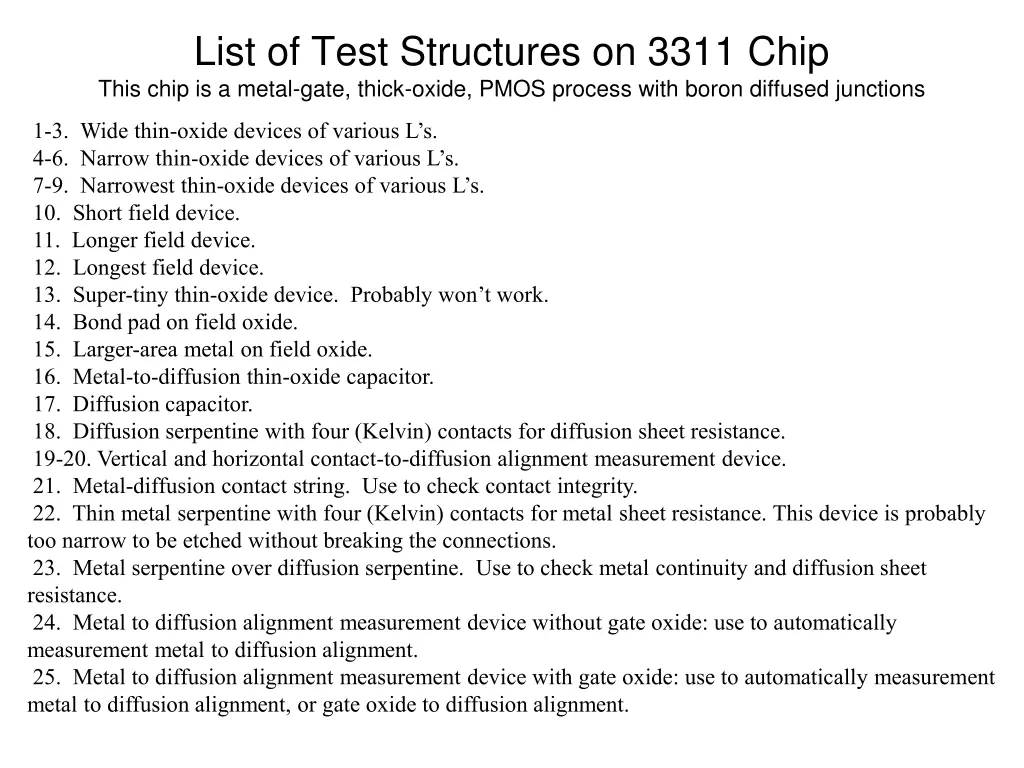 list of test structures on 3311 chip this chip