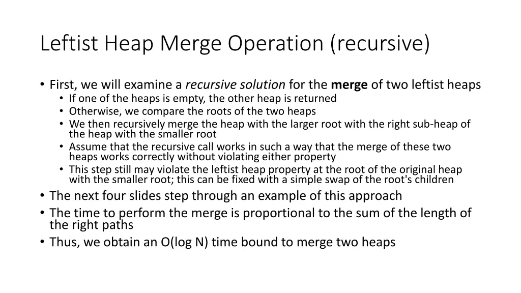 leftist heap merge operation recursive