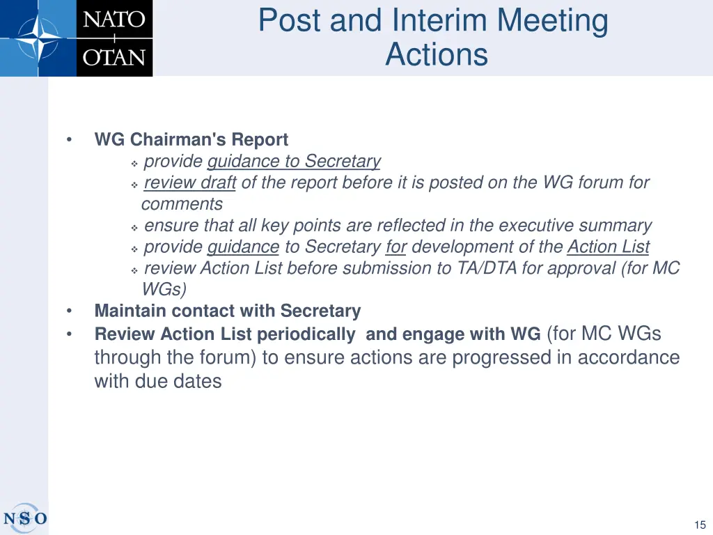 post and interim meeting actions