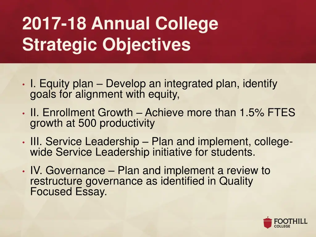 2017 18 annual college strategic objectives