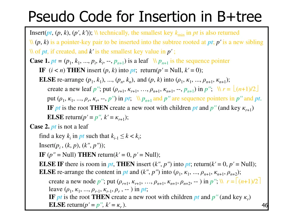 pseudo code for insertion in b tree