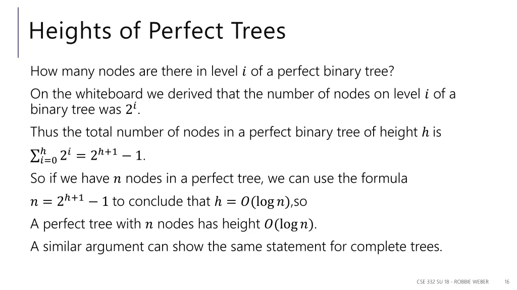 heights of perfect trees