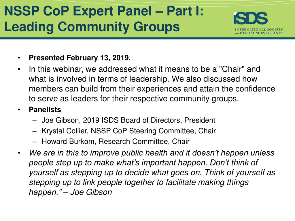 nssp cop expert panel part i leading community