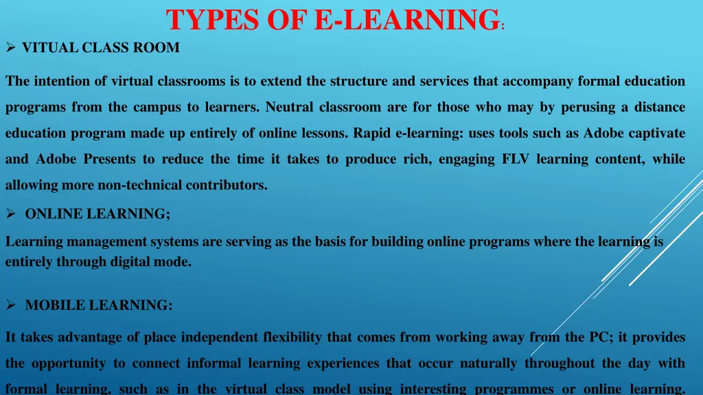 types of e learning vitual class room
