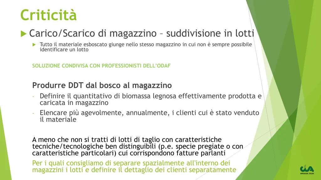 criticit carico scarico di magazzino suddivisione