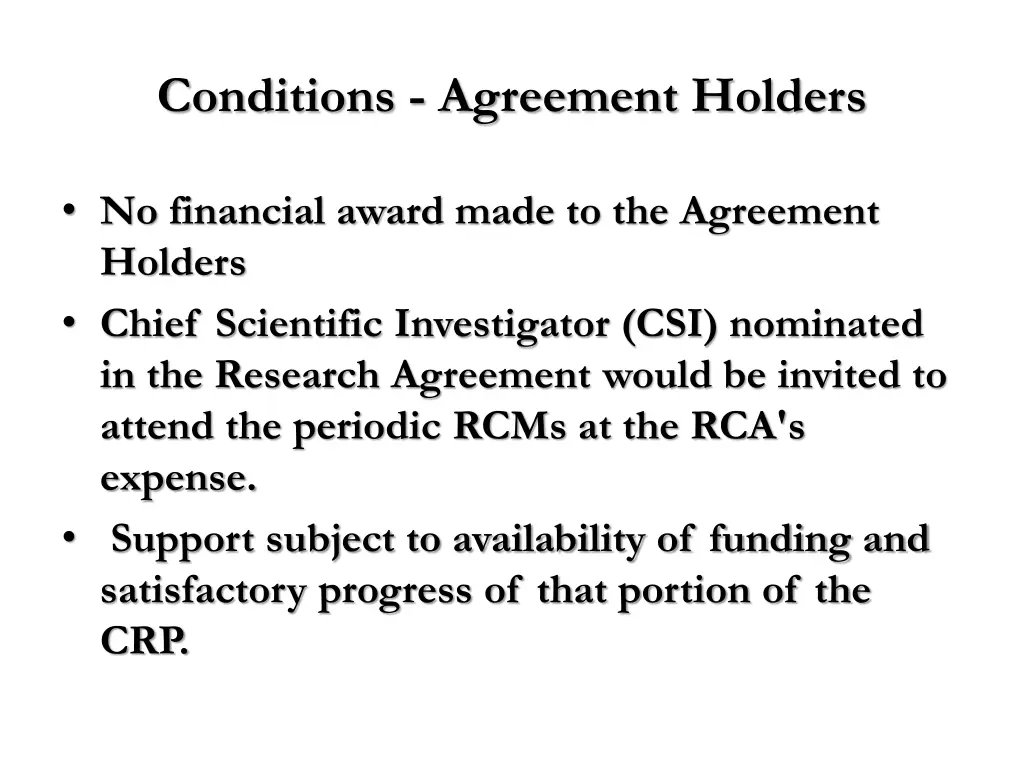 conditions agreement holders