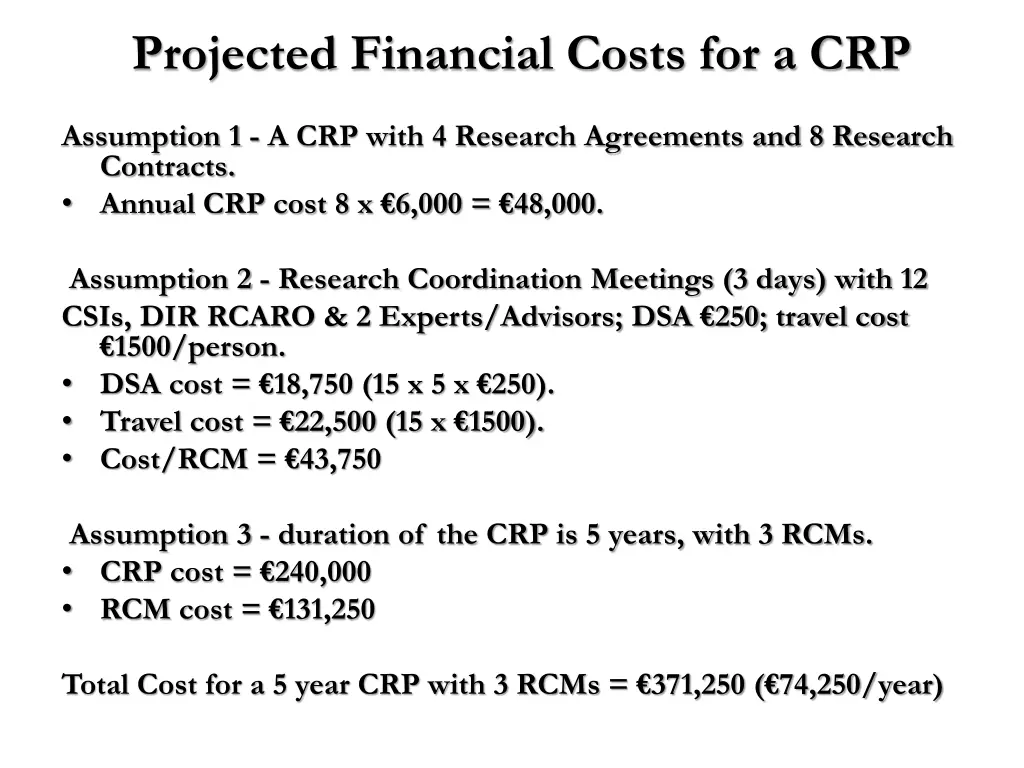projected financial costs for a crp
