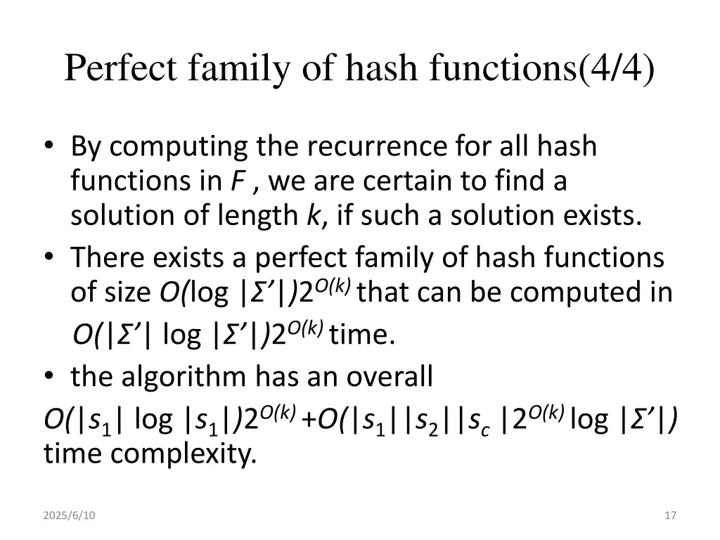 perfect family of hash functions 4 4