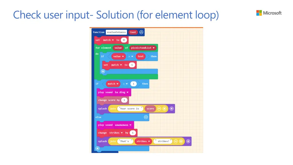 check user input solution for element loop