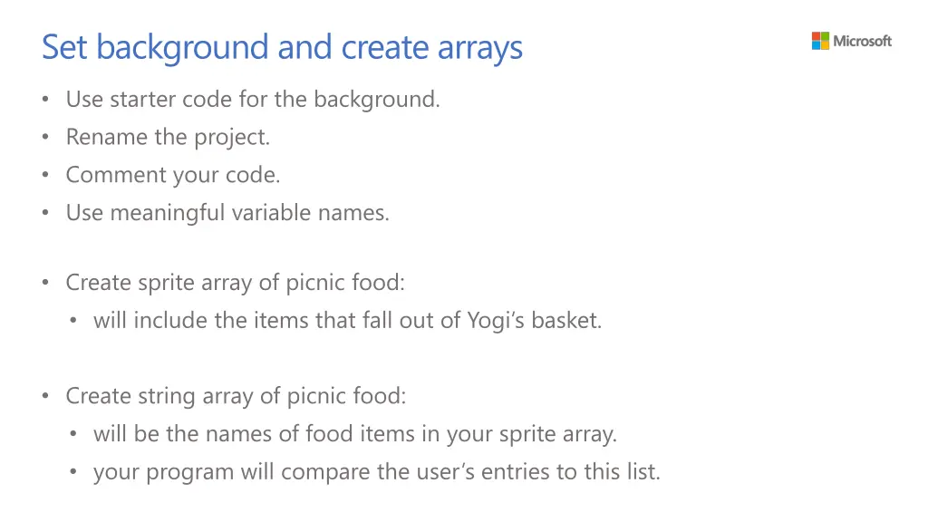 set background and create arrays