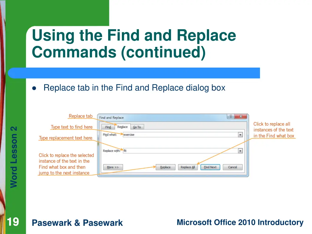 using the find and replace commands continued