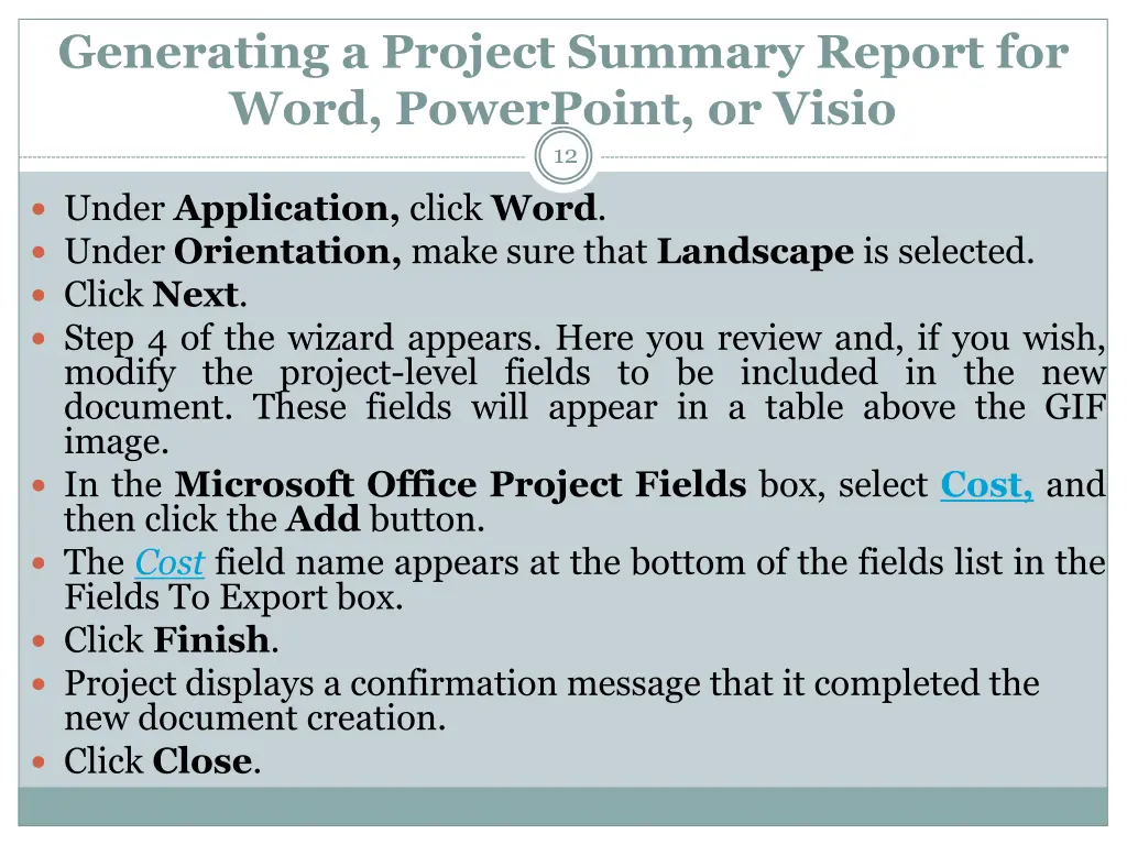 generating a project summary report for word 2