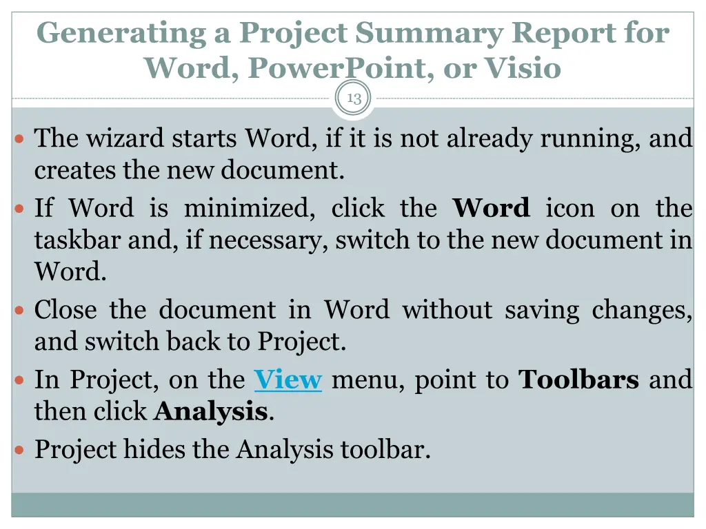 generating a project summary report for word 3