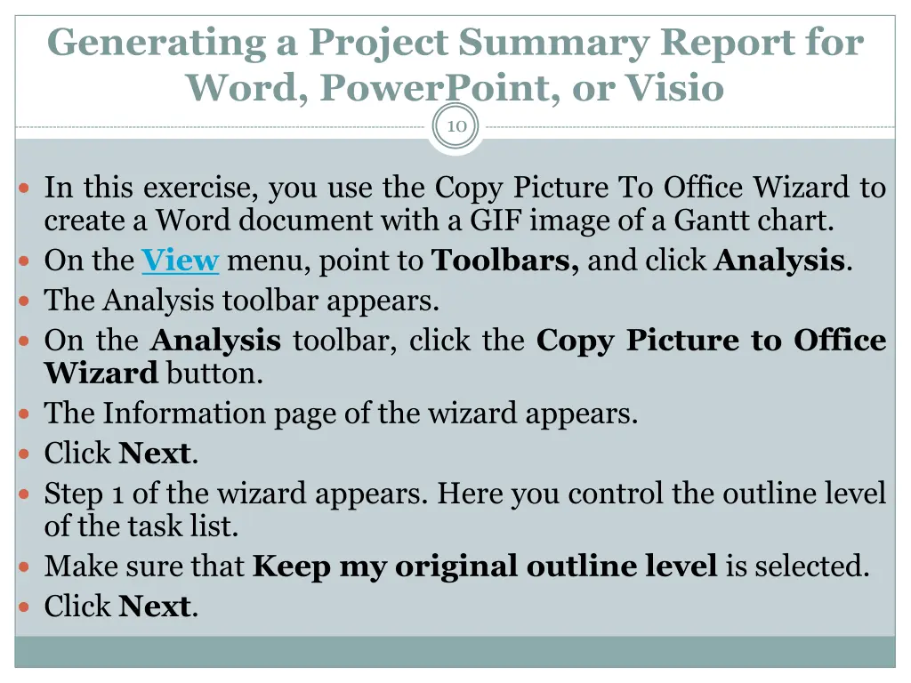 generating a project summary report for word
