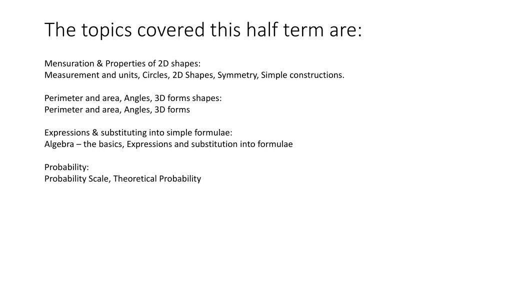 the topics covered this half term are