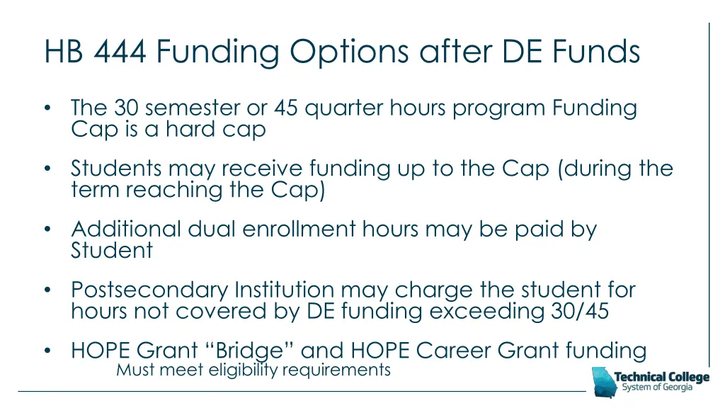 hb 444 funding options after de funds