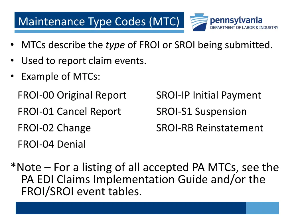 maintenance type codes mtc