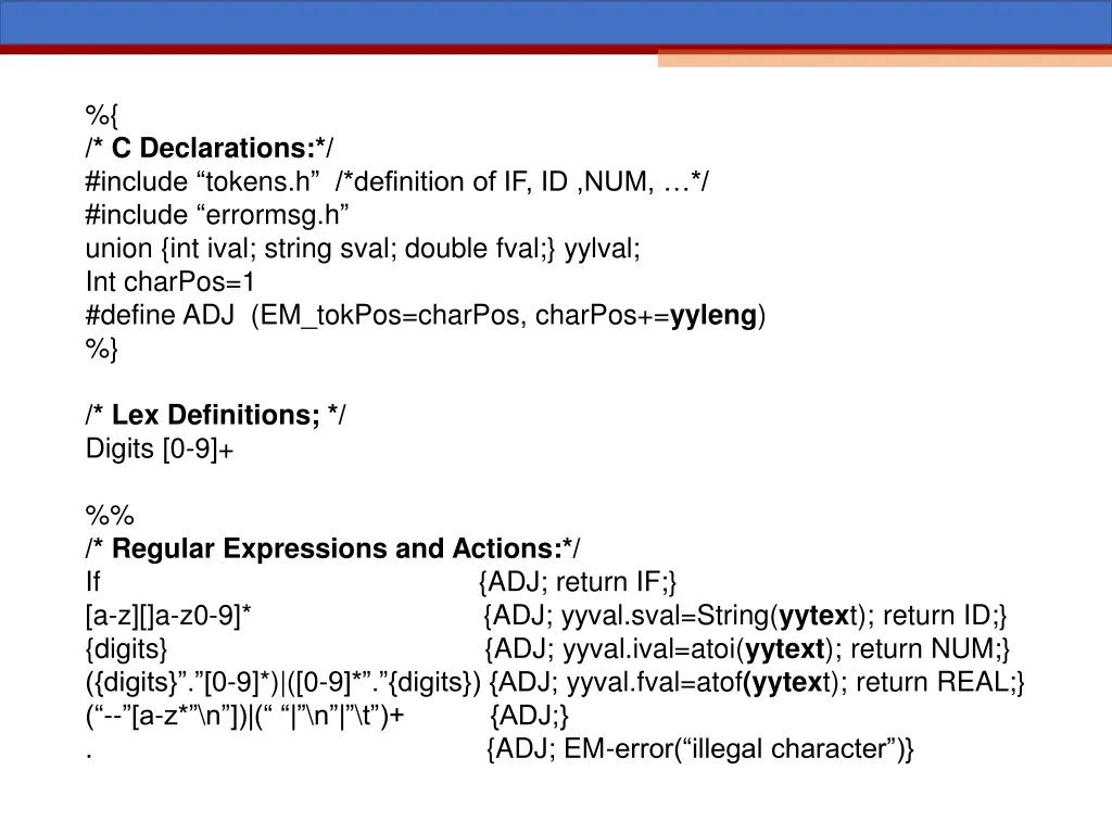 c declarations include tokens h definition