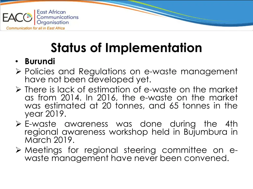 status of implementation burundi policies
