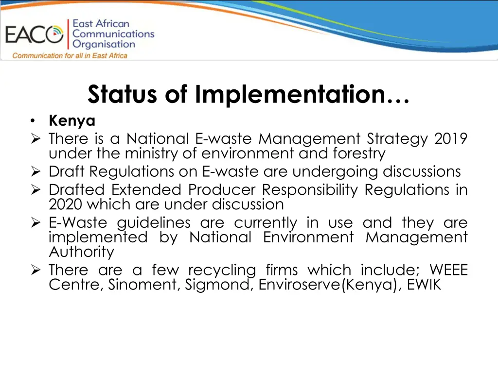status of implementation kenya there