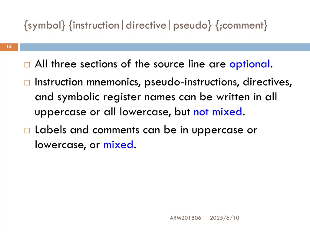 symbol instruction directive pseudo comment