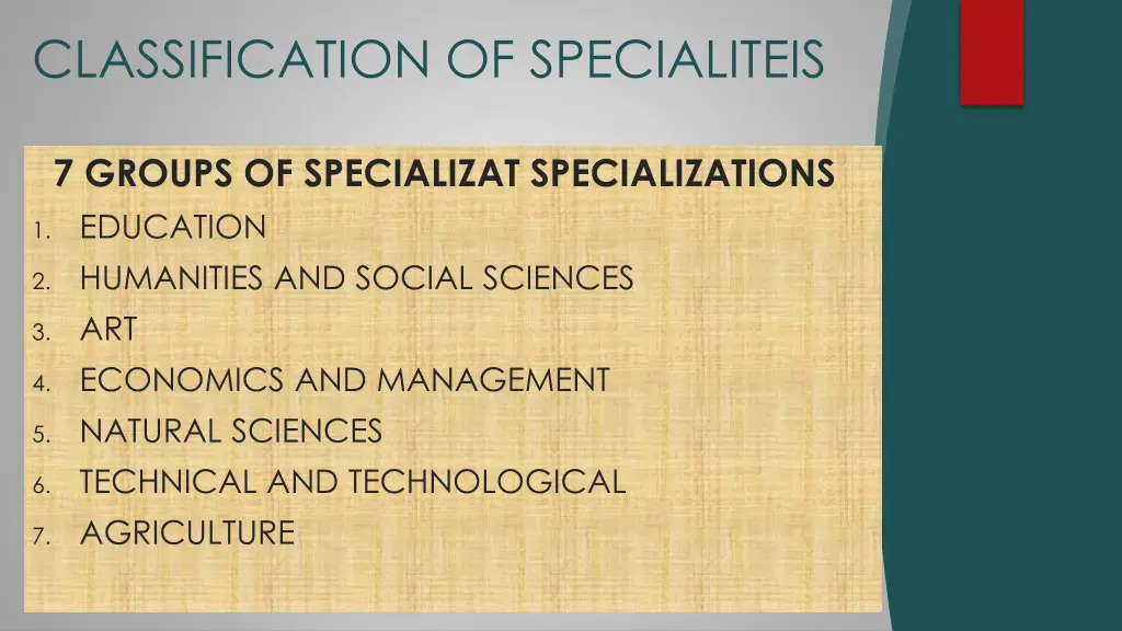 classification of specialiteis