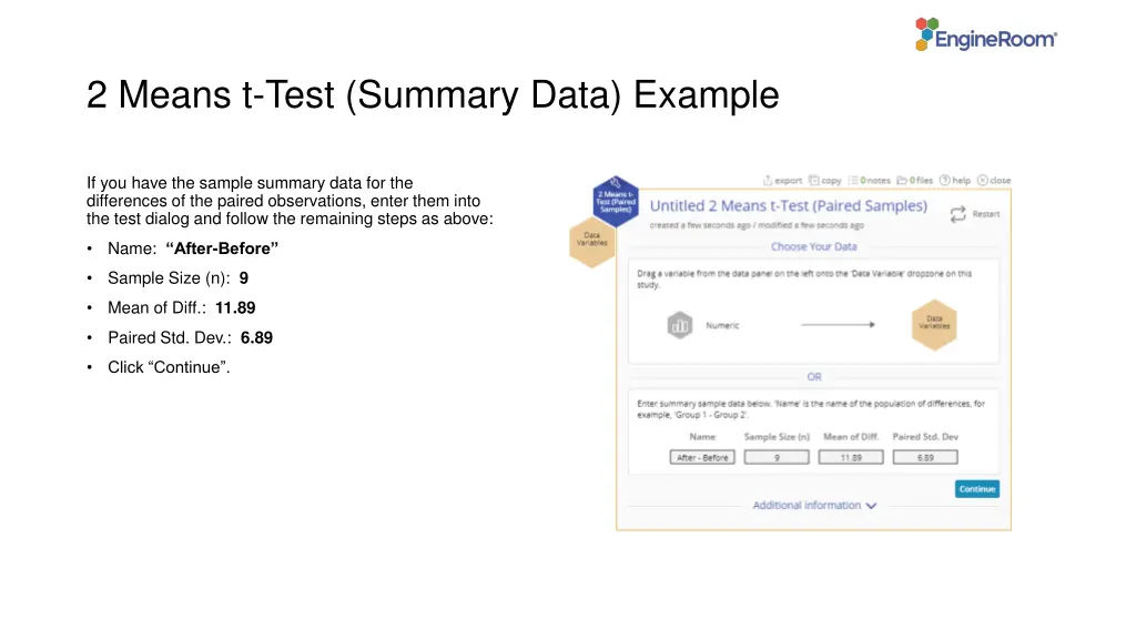 2 means t test summary data example