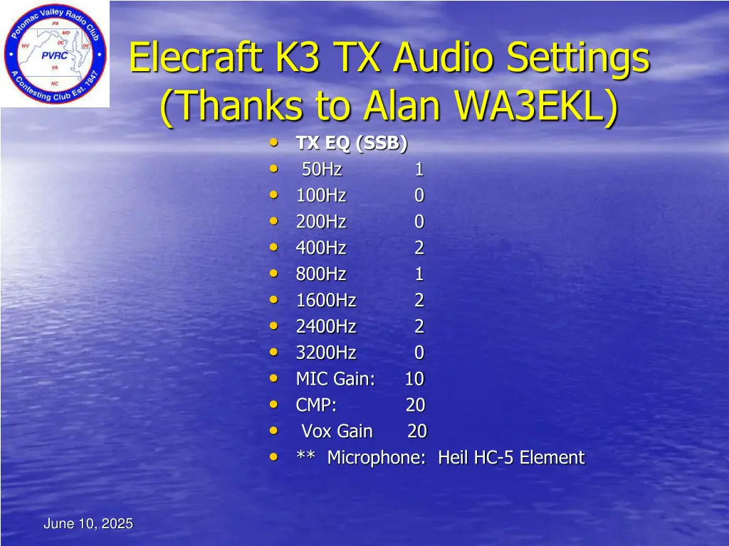 elecraft k3 tx audio settings thanks to alan