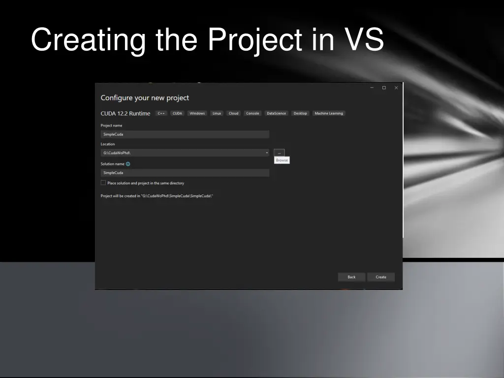 creating the project in vs 2