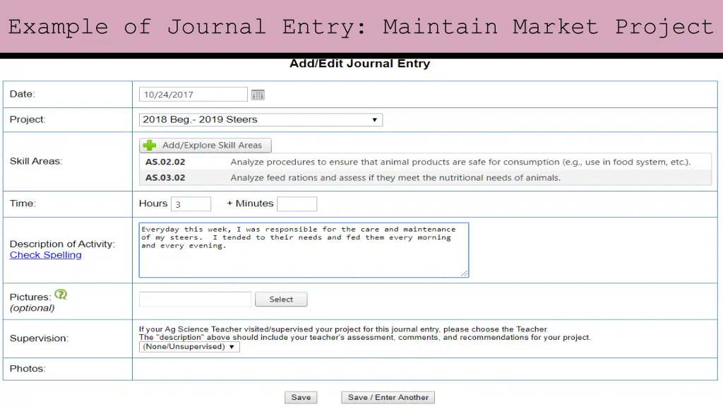 example of journal entry maintain market project