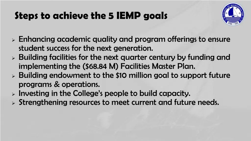 steps to achieve the 5 iemp goals