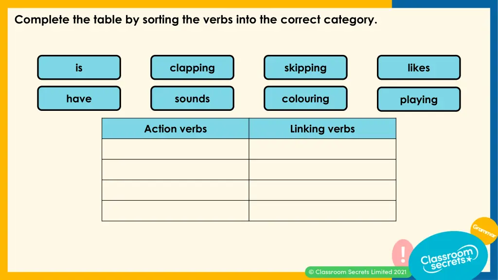 complete the table by sorting the verbs into