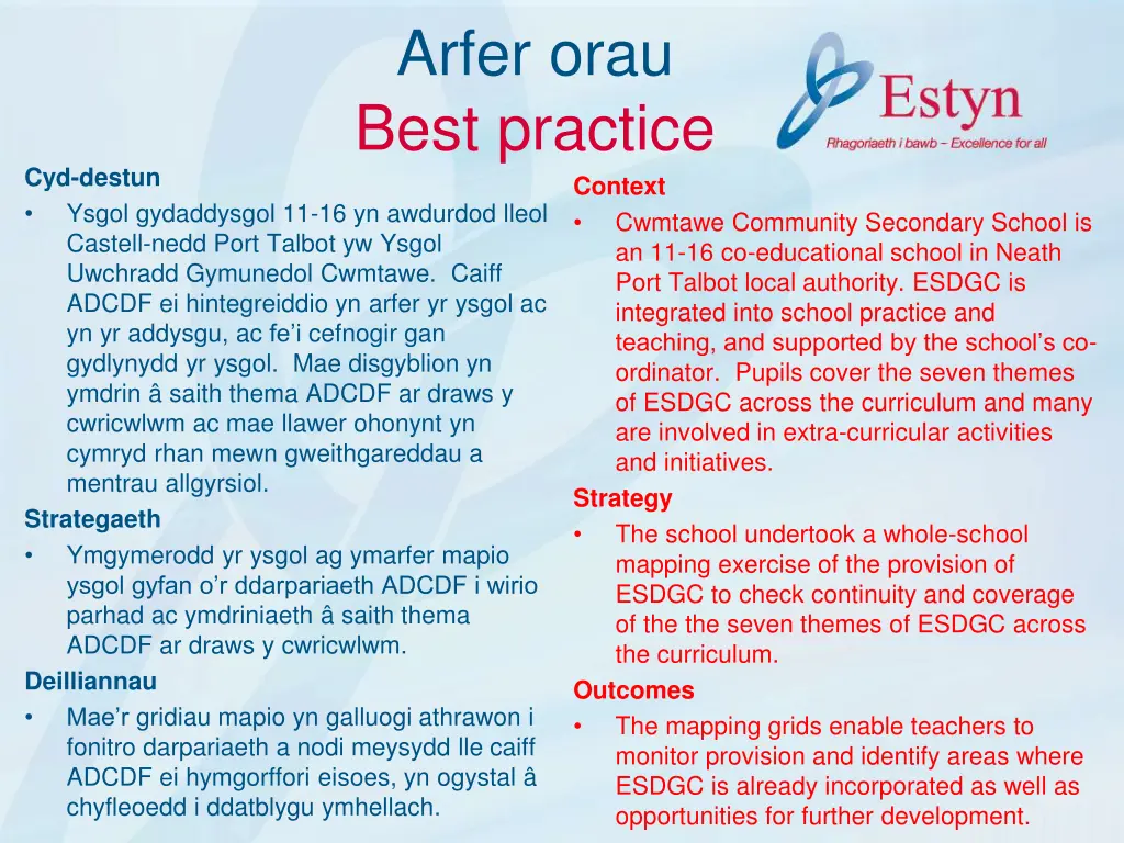 arfer orau best practice