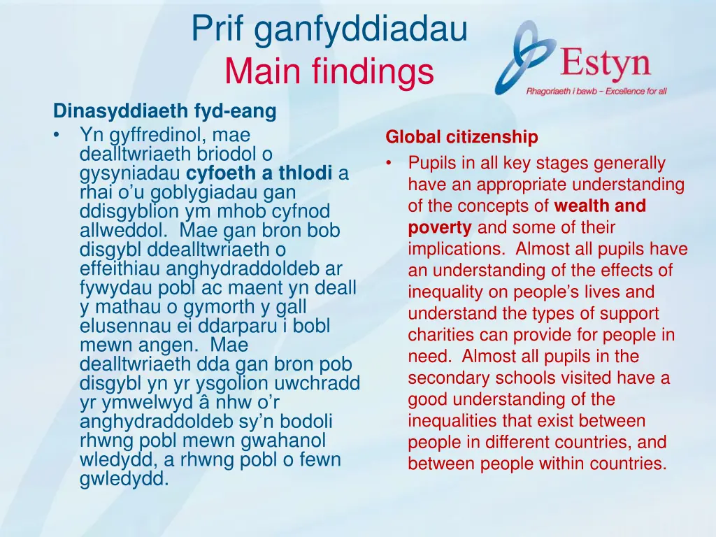 prif ganfyddiadau main findings dinasyddiaeth