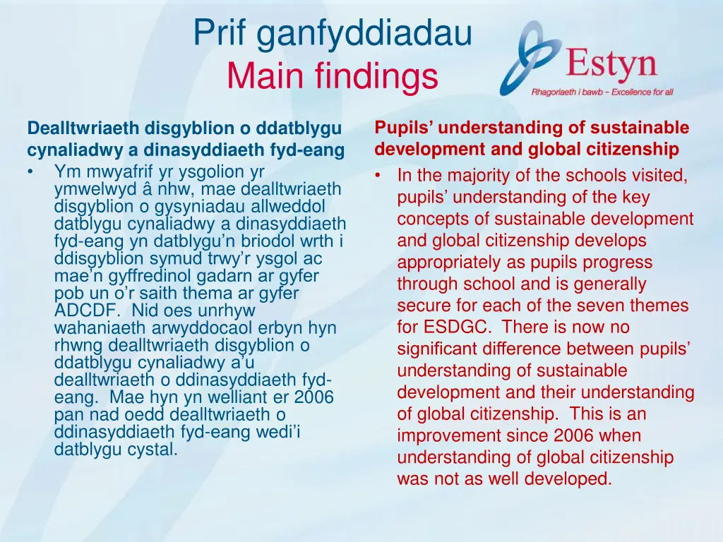 prif ganfyddiadau main findings