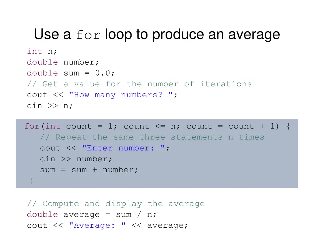 use a for loop to produce an average int n double