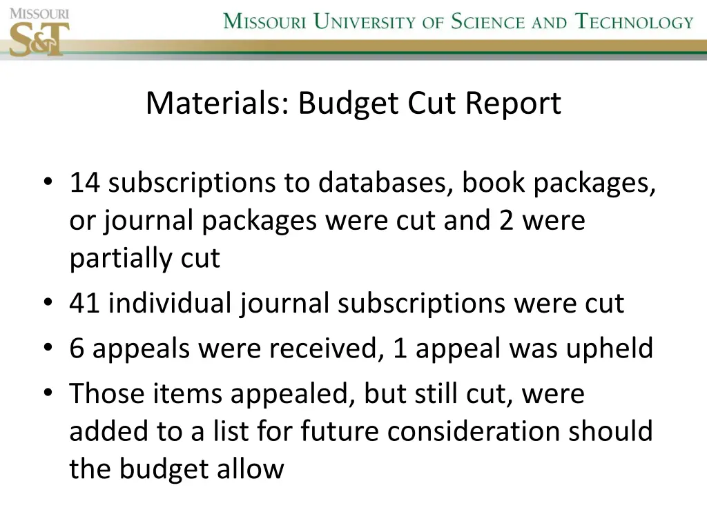 materials budget cut report