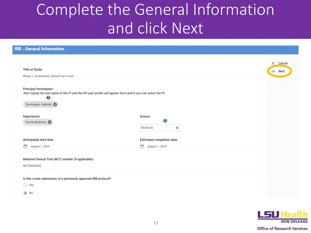 complete the general information and click next