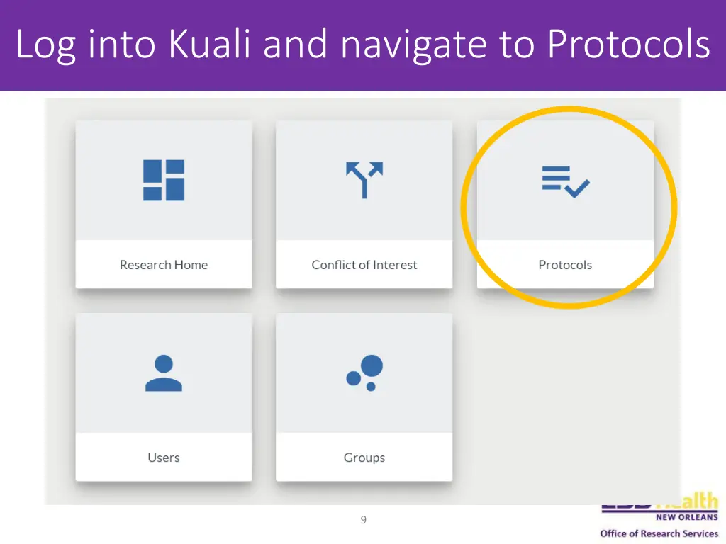 log into kuali and navigate to protocols