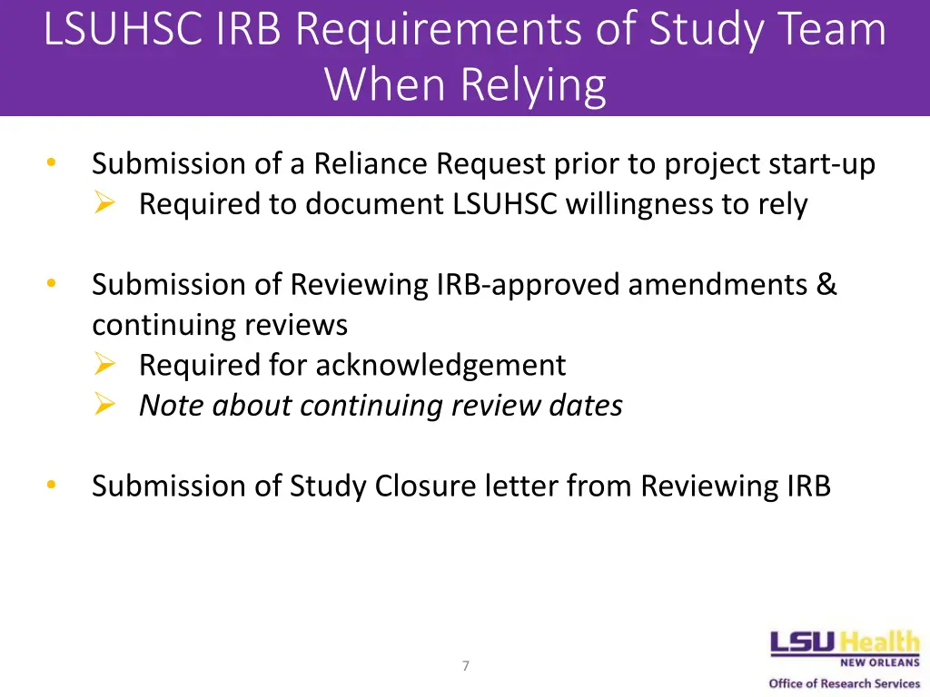 lsuhsc irb requirements of study team when relying