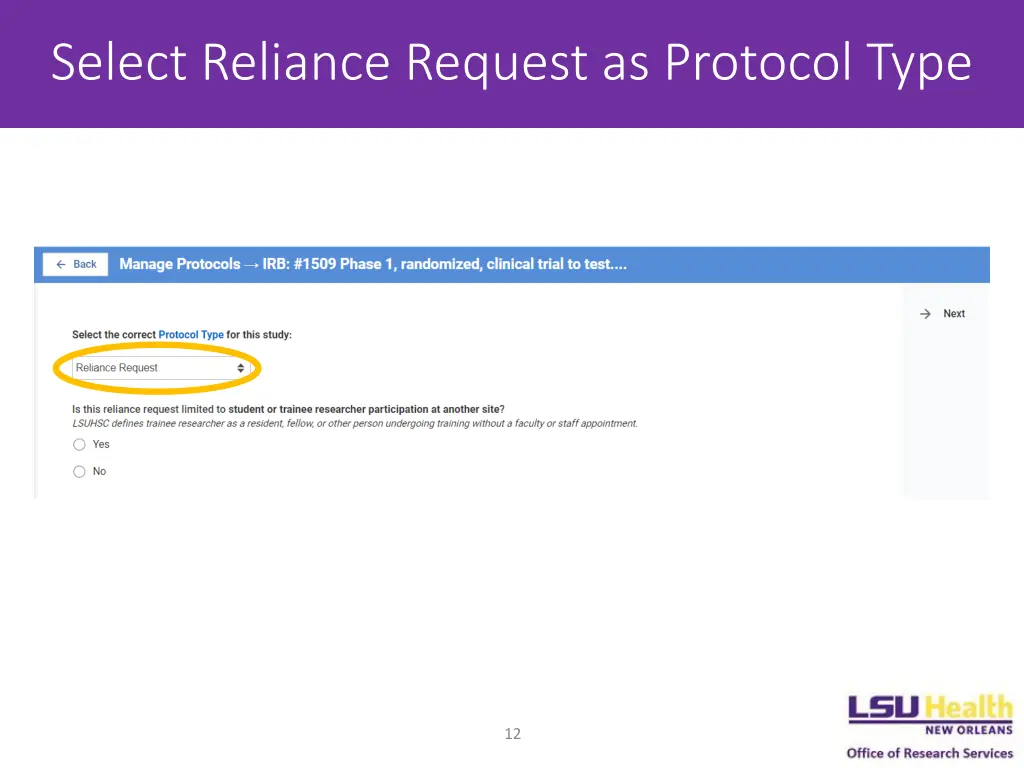 select reliance request as protocol type