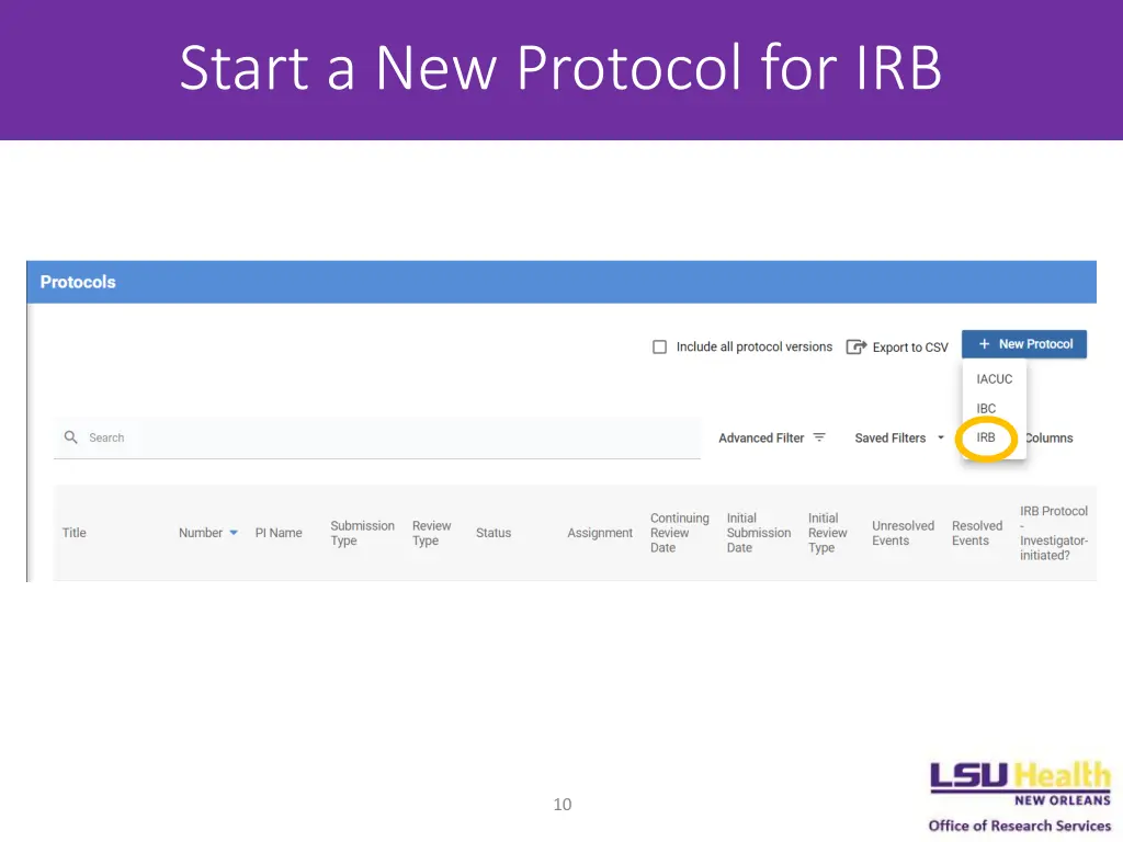 start a new protocol for irb