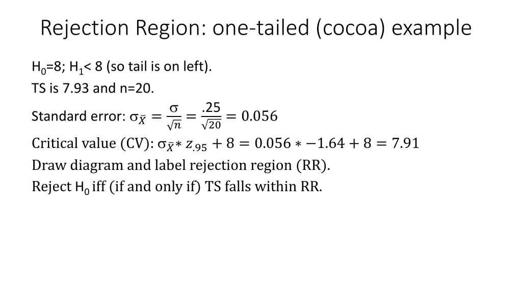rejection region one tailed cocoa example