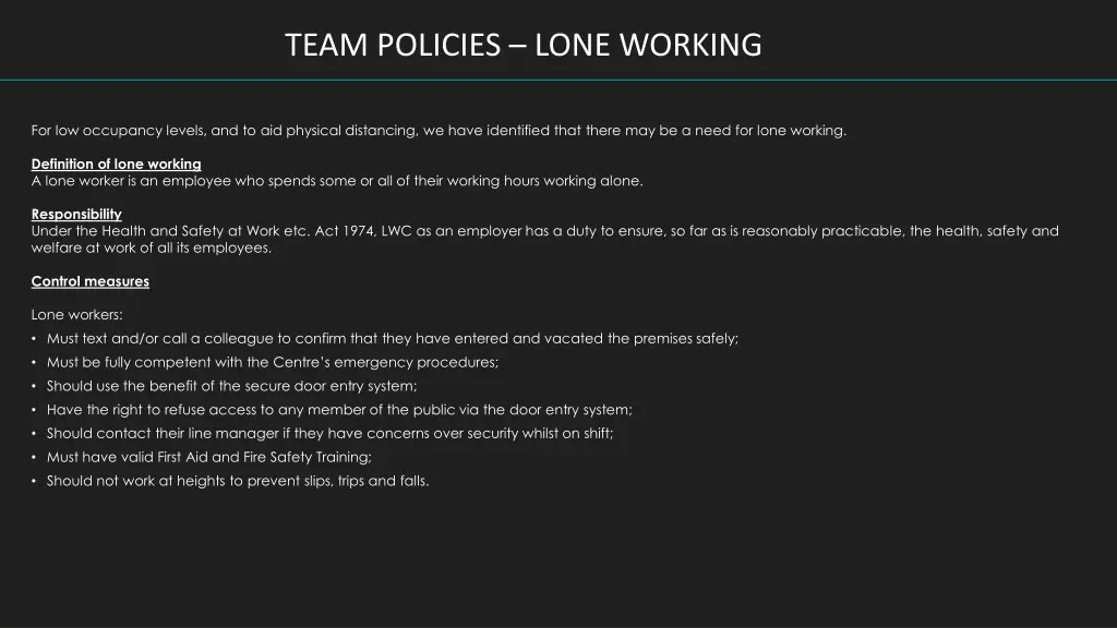 team policies lone working