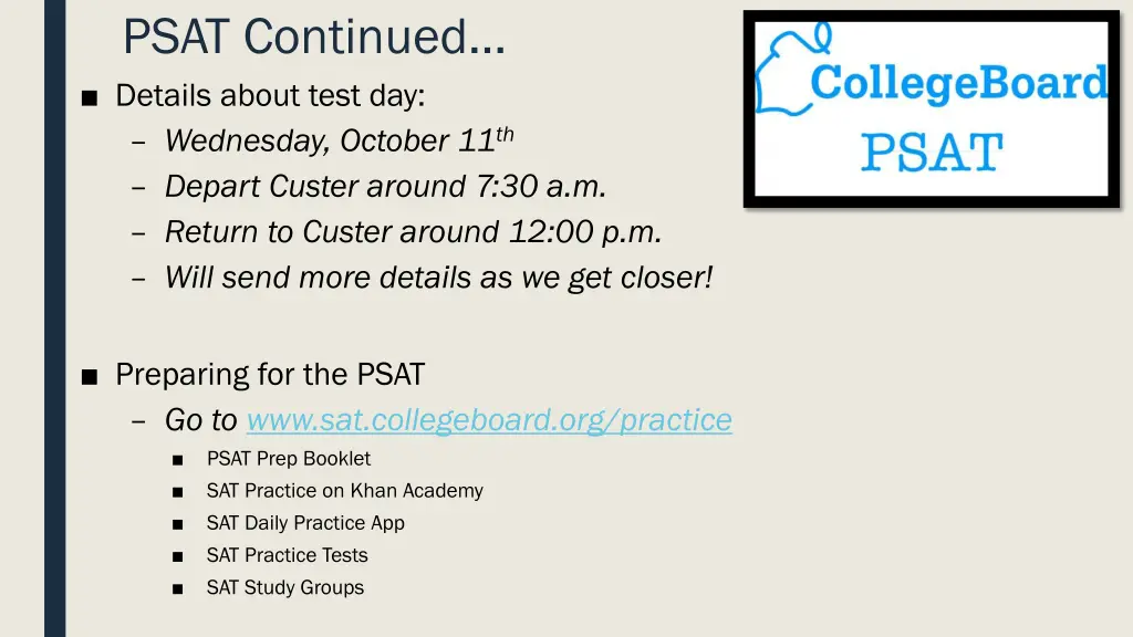 psat continued details about test day wednesday