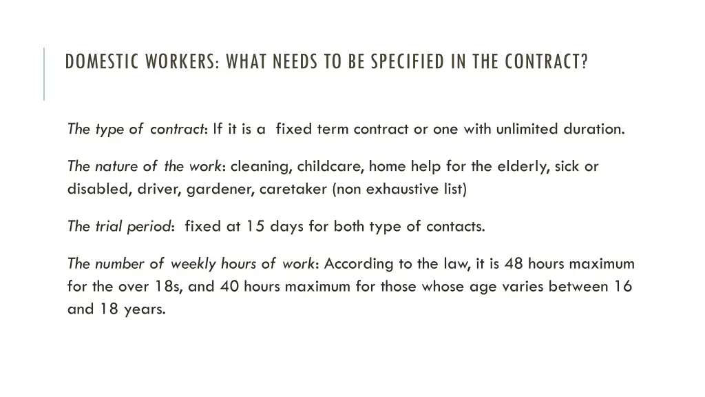 domestic workers what needs to be specified