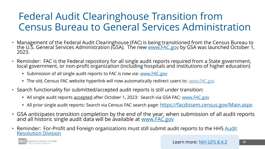 federal audit clearinghouse transition from