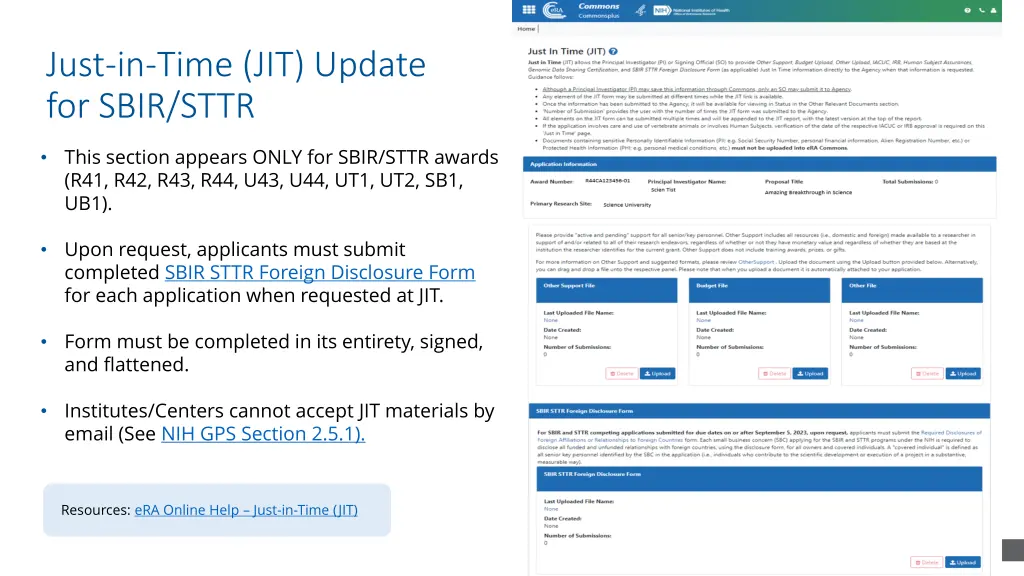 just in time jit update for sbir sttr