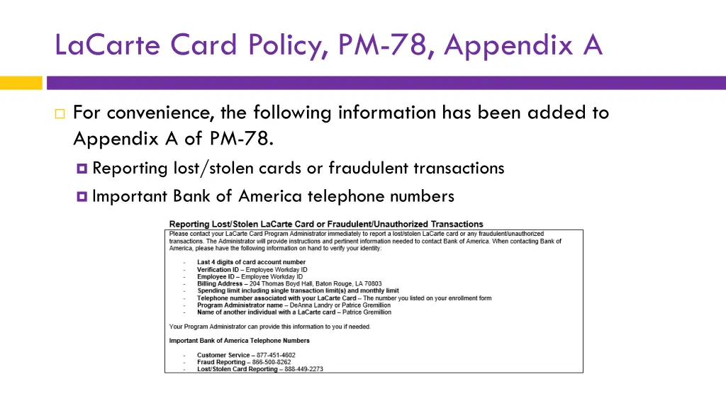 lacarte card policy pm 78 appendix a